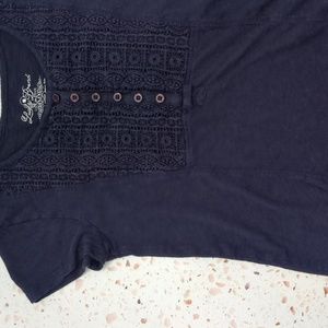 Lucky Brand | Navy T-Shirt with Henley Button Heavy Lace Bodice | M